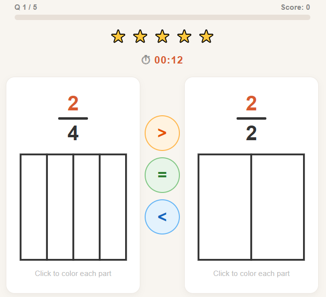 Learn to compare fractions for beginners with a fun interactive game. Practice using visual fraction models, instant feedback, scoring, and unlimited exercises.
