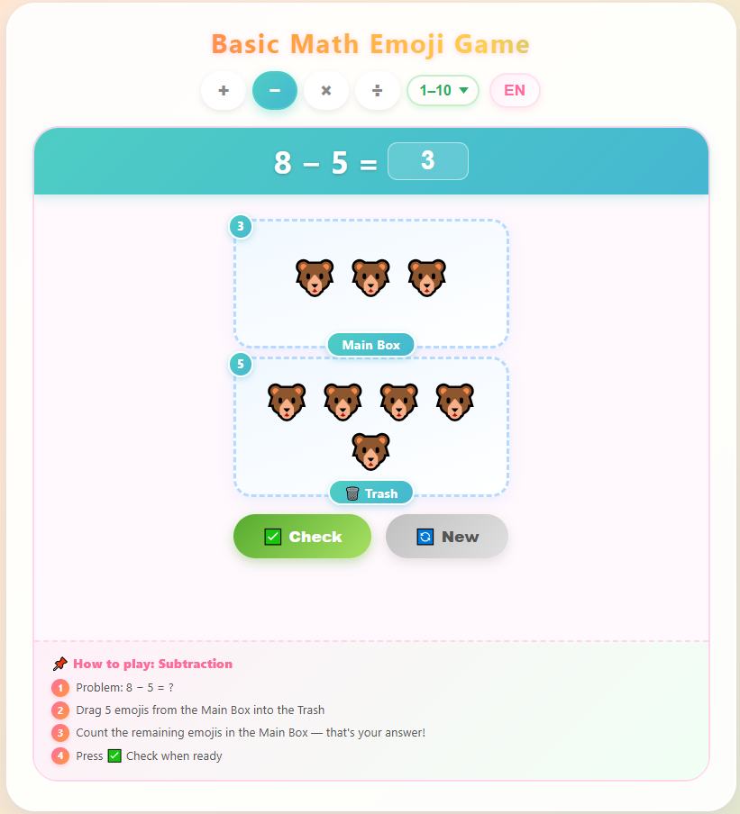 Emoji Drag and Drop Math Game — Addition, Subtraction, Multiplication & Division